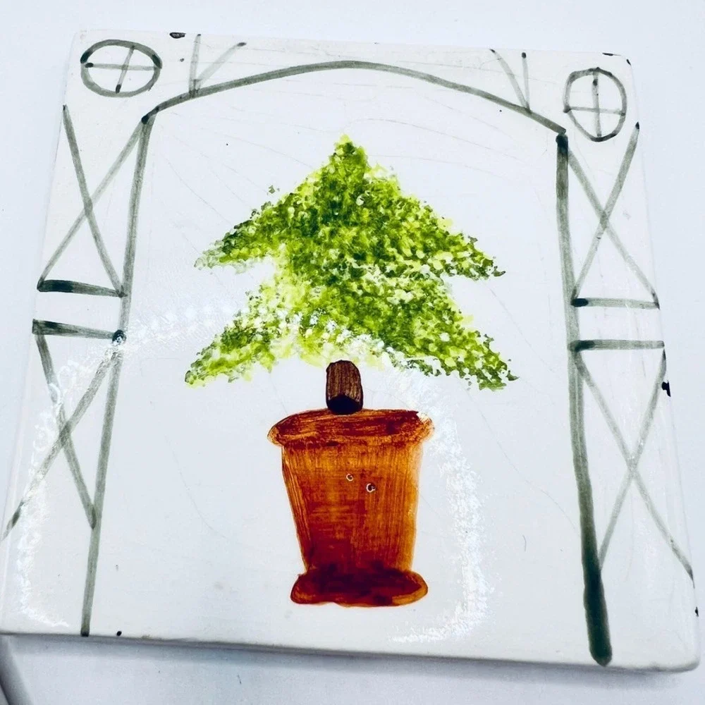 2 Vtg Ceramic Tiles Coasters 4x4 Hand painted Italian Garden Plant Pot Arbor